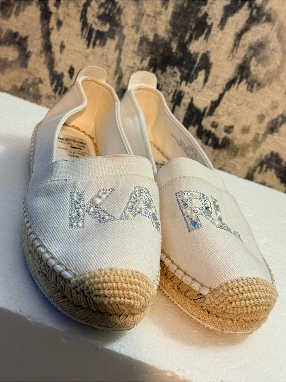 Karl Lagerfeld White Crystal Logo Espadrille Flats with Jute Sole